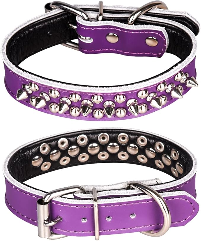 Adjustable Genuine Leather Spiked Studded Dog Collars for Small Medium Large Pets Like Pit Bull Bulldog Pugs Husky (M, Purple)