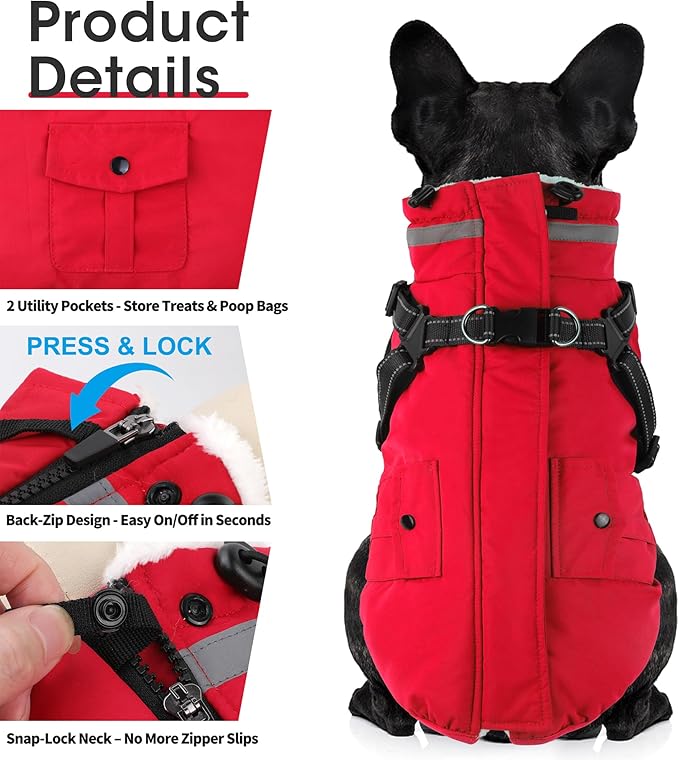 Dogcheer Dog Coat with Harness, Waterproof Warm Dog Winter Jacket with Pockets, Reflective Pet Fleece Jacket Turtleneck Snowsuit for Small Medium Large Dogs - Red, XS