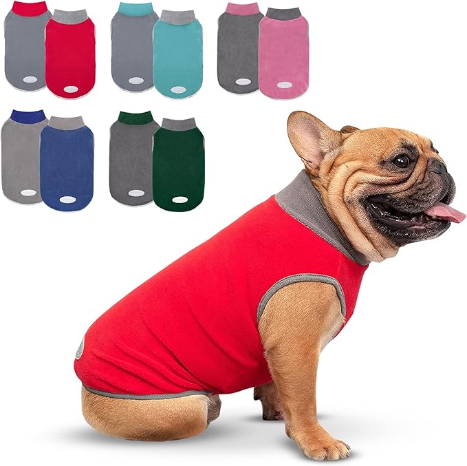 cyeollo 2 Pack Dog Fleece Sweater Stretchy Sweatshirt Vest with Reflective Stripe Pullover Jacket Lightweight Pet Dog Clothes for Small Dogs Grey & Red