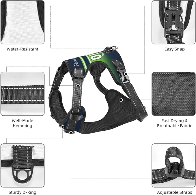 Custom Seattle Dog Harness with Reflective Stripes Personalized Name and Number Dog Vest Harness with Pet Traction Rope for Small Medium Large Dog