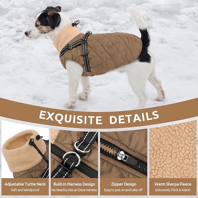 Queenmore Dog Jackets for Medium Dogs, Dog Coat with Harness Built in, Waterproof Pet Winter Coat with Zipper On Back Doggy Snowsuits Warm Soft Pet Jacket for French Bulldog, Poodle, Corgi, Brown M