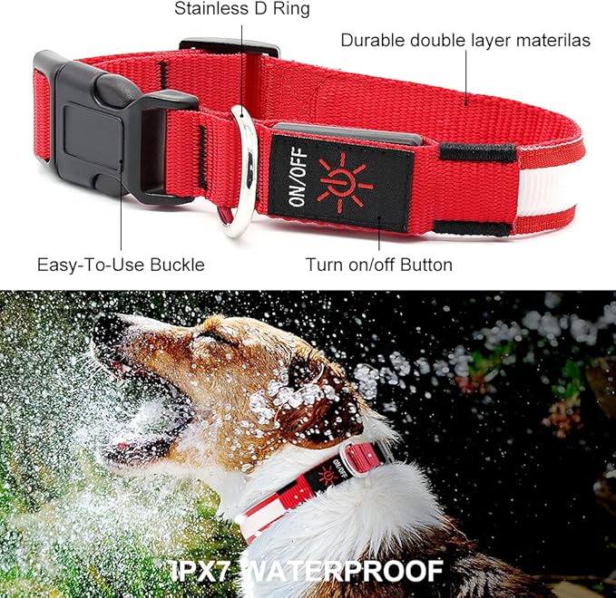 YFbrite Ultra Light Adjustable LED Dog Collar, Light up Dog Collars Rechargeable Glowing in The Dark Collars Visiblity & Safety for Small, Medium, Large Dogs (Red, X-Large)