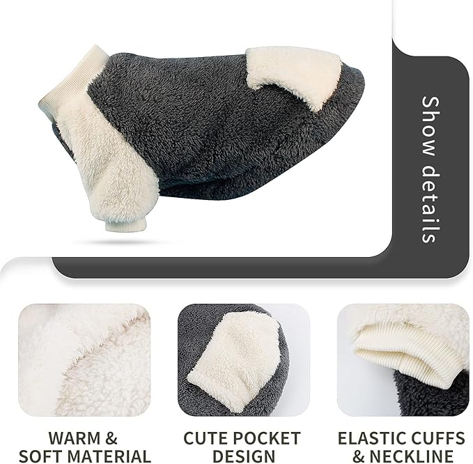 LESYPET Dog Sweater for Small to Medium Dogs, Fleece Lining Puppy Sweatshirt in Winter, Warm Puppy Clothes Pullover Jumper, Grey L
