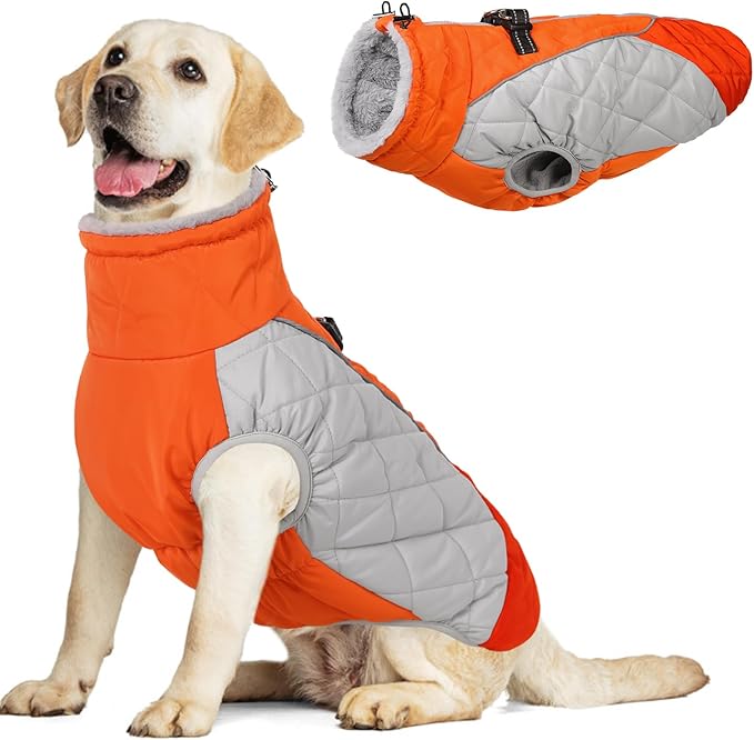 AOFITEE Dog Winter Coat, Dog Coat for Large Dogs, Reflective Large Dogs Jacket with Harness Built in and Fleece Lined, Waterproof Pet Winter Jacket Warm Snowsuit for Cold Weather, Orange XXL