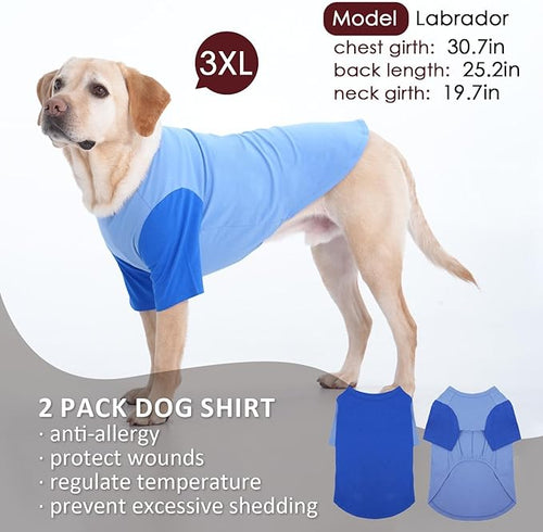 2 Pack Dog Shirt for Large Dogs XXL - Soft Breathable Cotton Tees, Freedom of Movement Prevents Overheating Dog Clothes for Border Collie, Pitbull, Boxer, Hiking, Play, Casual Wear, Blue