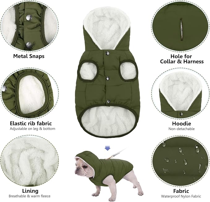 Fleece Hoodie, Windproof Waterproof Coat, Winter Warm Jacket, Cold Weather Pet Apparel Clothes Vest for Small Medium Large Dogs (L, Green)