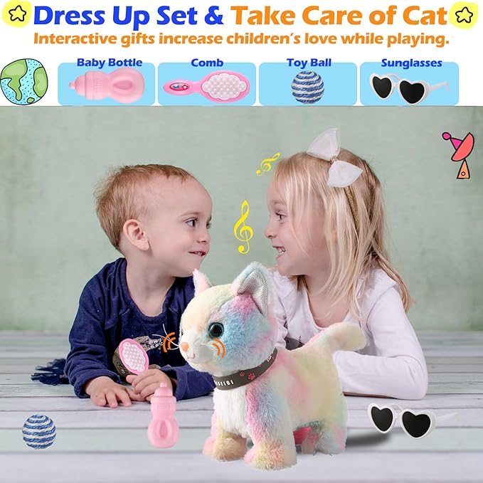 Colorful Walking Cat Set Singing That Purrs and Meows Animated Plush Robot Kitten with Leash Moving Plush Stuffed Animal Remote Control Cute Kawai Robotic Kitty Electronic Kitten Toy for Girl Kid