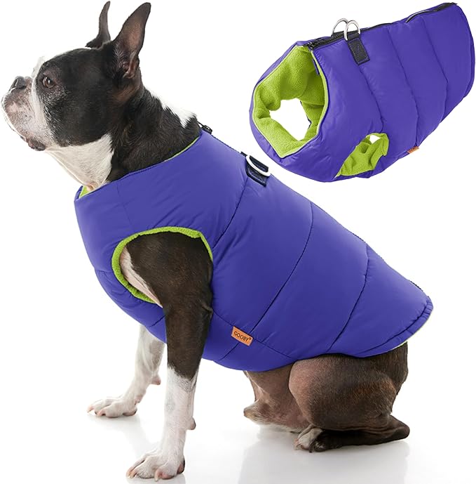 Gooby Dog Vest Jacket - Purple, Medium - Water Resistant Fleece Dog Vest with Dual D Ring Leash - Small Dog Sweater for Active Dogs