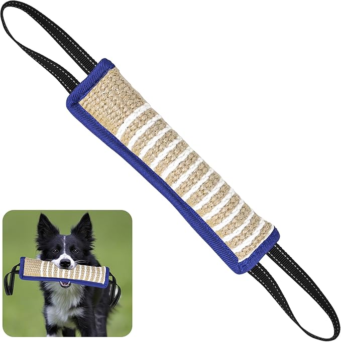 ToLanbbt Dog Tug Toy Bite Jute Pillow Pull Toy with 2 Strong Handles Perfect for Tug of War, Puppy Interactive Play, Tear Resistant Bite Training for Small Medium Large Dogs (Blue-Line)