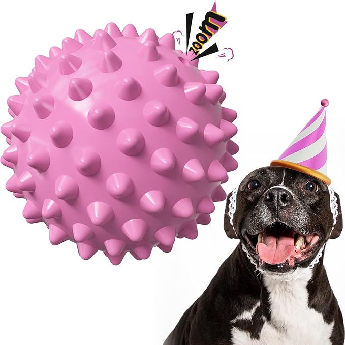 Apasiri Dog Toy Squeaky Ball: Bacon-Flavored Rubber Interactive Spiky Ball for Anxiety Relief, Indestructible Pet Toy for Medium/Large Dogs, 3.5-Inch-Perfect Party Gift - Pink