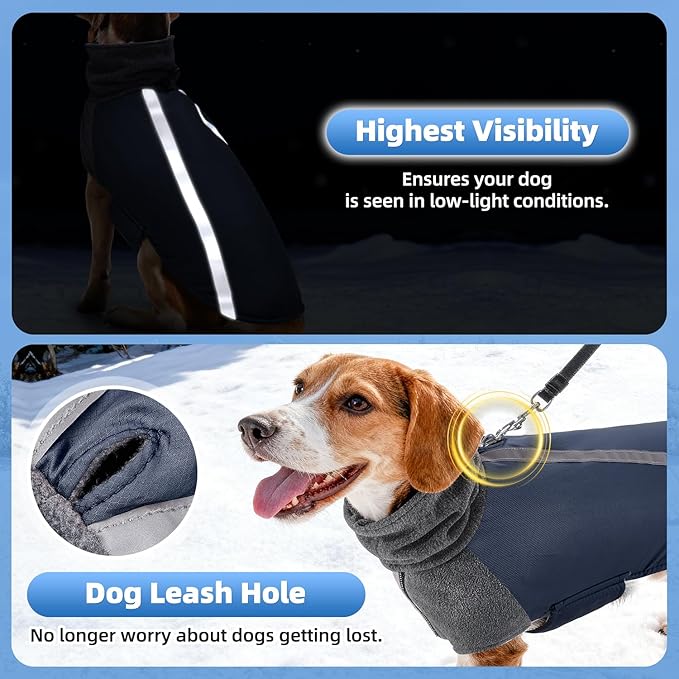 SlowTon Winter Dog Coat, Warm Polar Fleece Lining Doggie Outdoor Jacket with Turtleneck Scarf Reflective Stripe Adjustable Waterproof Windproof Puppy Vest Soft Pet Outfits (L+,Dark Blue)