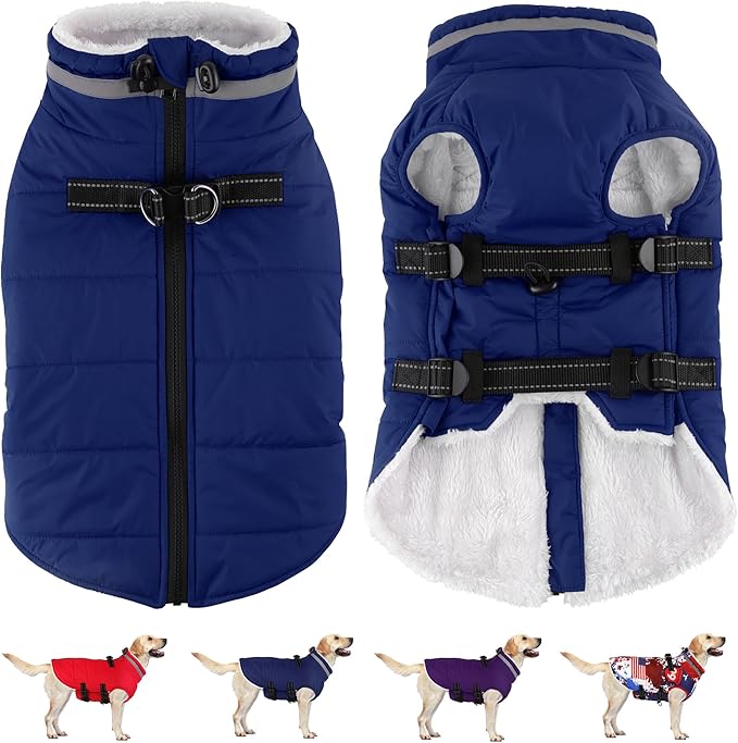Dogcheer Dog Coat, Waterproof Dog Jacket with Harness, Reflective Adjustable Puppy Winter Coat with Zipper, Christmas Snow Jacket Clothes for Small Medium Large Dogs - Blue 3XL