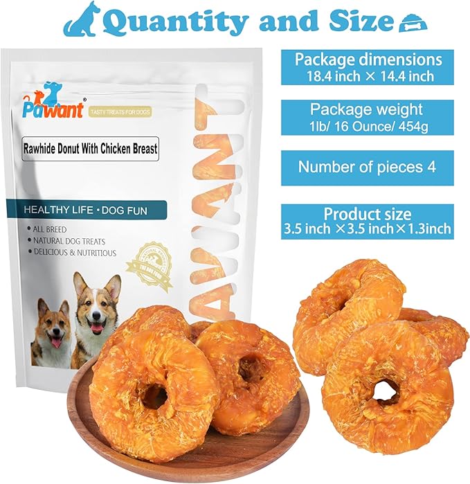 Dog Treats Long Lasting for Large Dog Clean Teeth Chicken Wrapped Rawhide Donuts 1lb/454g