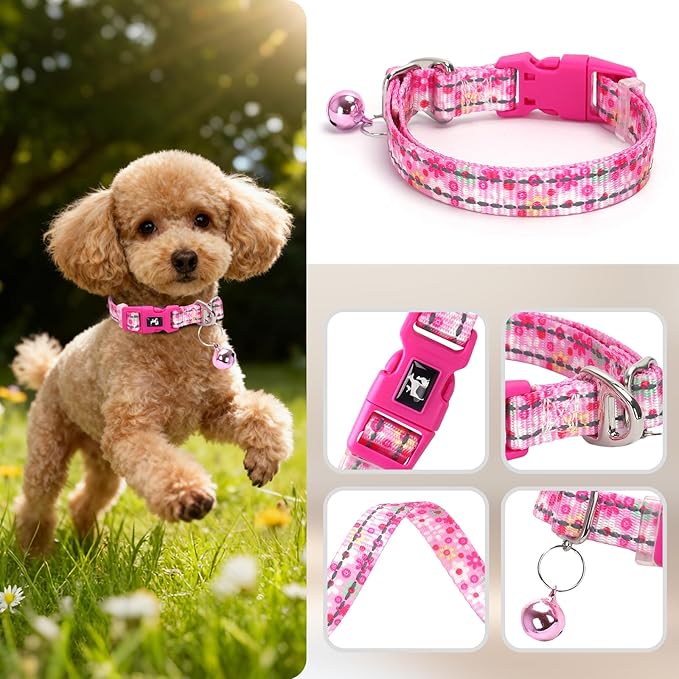 Pink Puppy Collar with Bell - Reflective Adjustable Nylon Kitten-Safe Collar for Small Dogs & Cats, Soft Flower Pattern Design for Teacup Chihuahua, Pomeranian, and Kittens (X-Small, Flower)