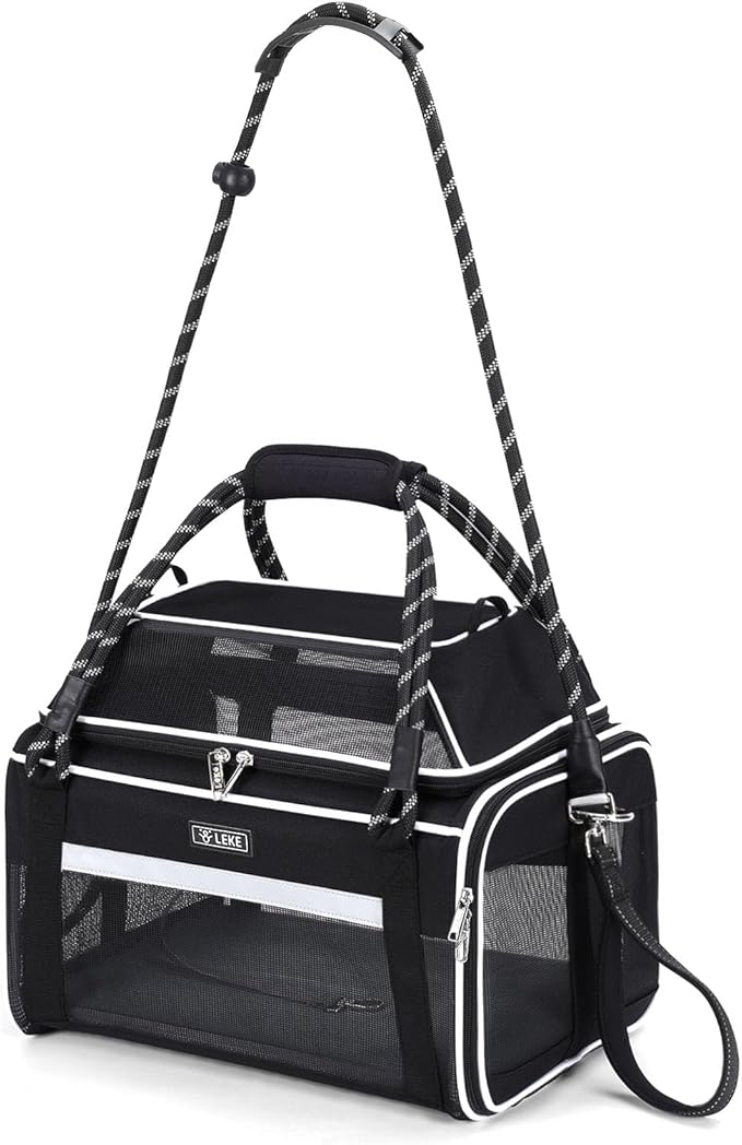 Lekereise Top Expandable Pet Carrier TSA Airline Approved Soft Sided Underseat Up to 12lbs Travel Carriers for Small Cats and Dogs with Convertable Dog Leash and Anti-Scratch Mesh