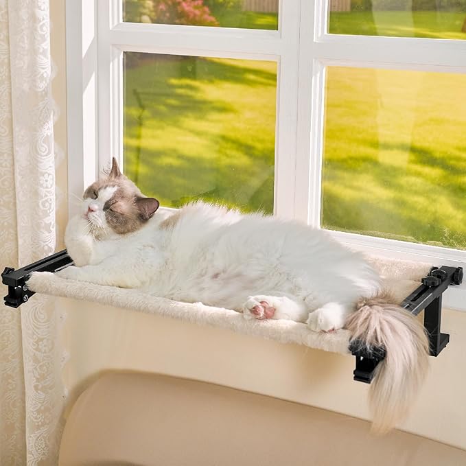 Cat Window Perch Bed Cat Hammock for Window Sill Seat, 2 in 1 Adjustable Large Cats Sleeping Beds with Cushion Steel Frame Kitten Perches for Windowsill, Bedside, Floor (Beige)