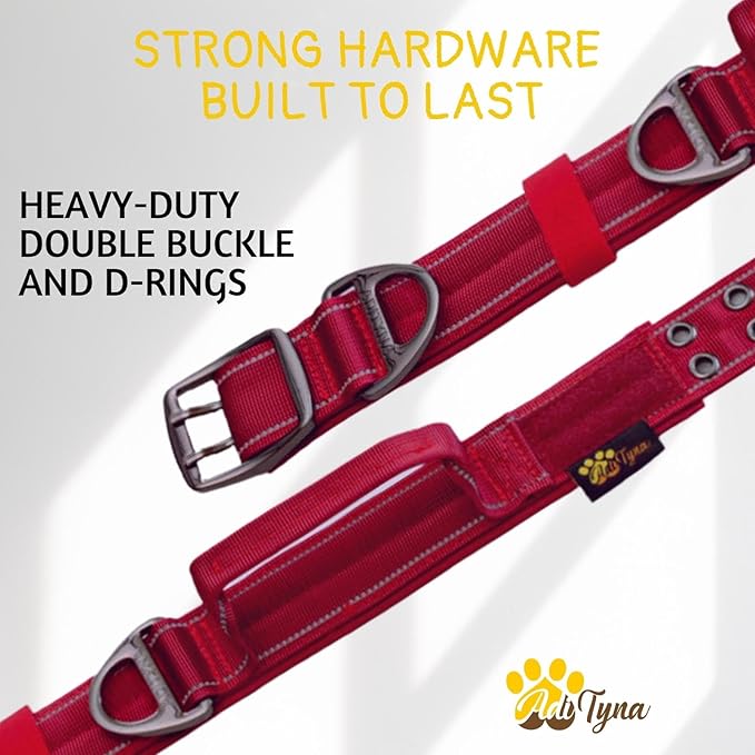 ADITYNA Heavy Duty Dog Collar for Large Dogs - Reflective Burgundy Collar with Handle for Training, and Walking - Wide, Thick, Tactical, Soft Neoprene Padded