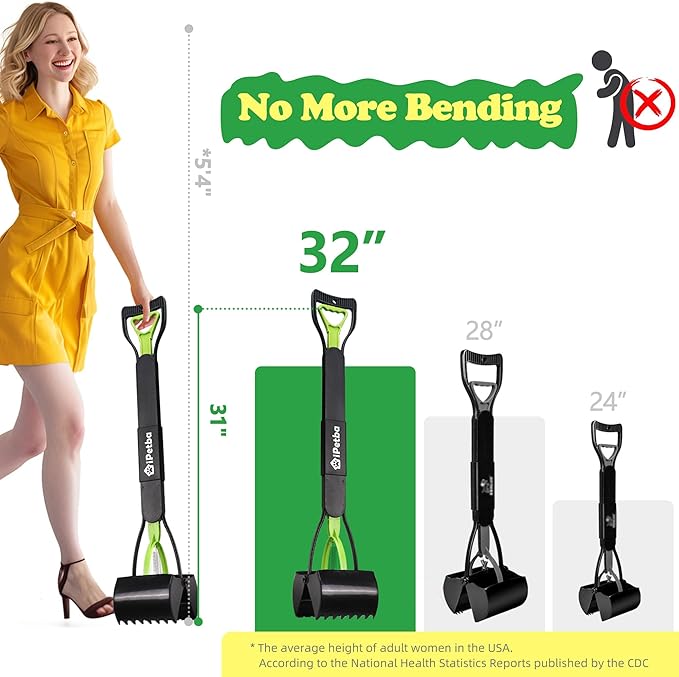 Large Dog Pooper Scooper for Yard - 32" Long Handle, No Bending, Grass-Friendly, Easy to Clean, Durable & Sturdy, 2-Pack