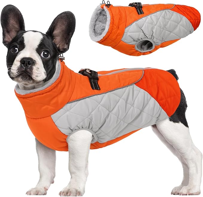 AOFITEE Dog Coat, Dog Winter Coat, Reflective Small Dogs Jacket with Harness Built in and Fleece Lined, Waterproof Pet Winter Jacket Warm Snowsuit for Small Medium Large Dogs, Orange M