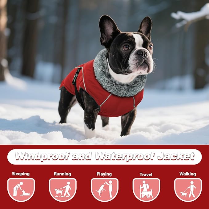 DENTRUN Large Dog Coat - Thick Fleece Lined Reflective Winter Jacket, Snap Closure & Leash Hole, Warm Thick Fleece Lined, Plush Turtleneck Vest for German Shepherd, Red, XXL