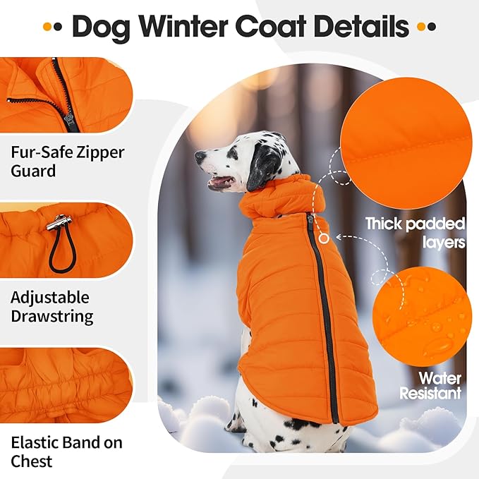 Dog Puffer Jacket with Detachable Neck Wrap for Small Dogs, Waterproof Orange Dog Vest with Back Zipper, Winter Coat Fleece Elastic Band on Chest for Dogs, Bichon Frise, Chihuahua, Orange XS
