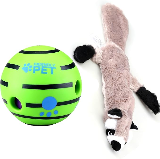 Wobble Giggle Ball and Plush NO Stuffing Squeaky Toy Combo (Raccon)