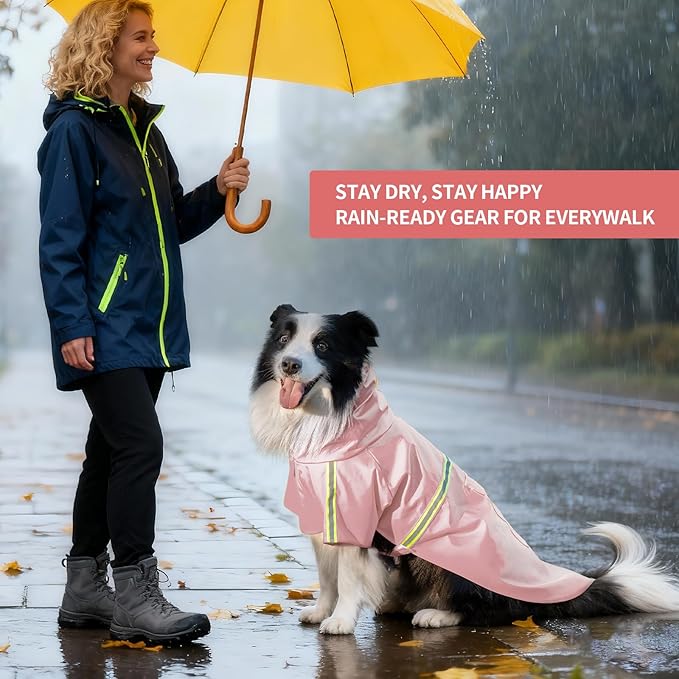 Dog Raincoat, Waterproof Windproof Dog Rain Jacket Adjustable, Rain Coat with Leash Hole, Reflective Strap Raincoat Poncho for Small Medium Large Dogs Outdoor (Reflection-Pink, Small)