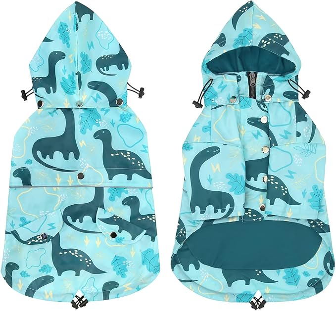 HDE Dog Raincoat Poncho Double Layer Zip Rain Jacket with Removable Hood, Leash Hole for Small to 3XL Dogs and Puppies Dinosaurs - M