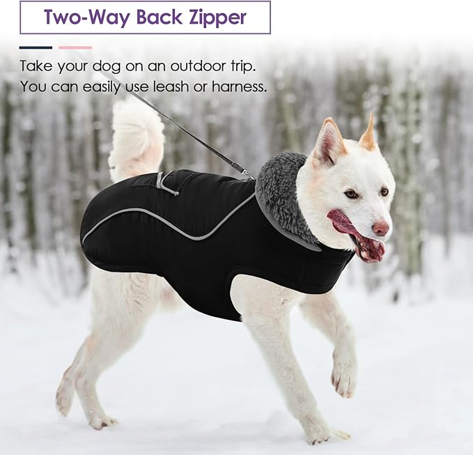 SUNFURA Dog Coat, Warm Dog Coat XXL Puffer Jacket with Harness Hole, Reflective Pet Snow Jacket Turtleneck Fleece Vest for Weimaraner, Labrador, Golden Retriever, Black 2XL