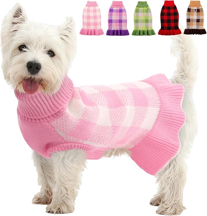 Dog Sweater Dress Plaid Knitwear for Small Medium Dogs Warm Puppy Pet Turtleneck Stretch Pullover Cute Fall Winter Vest Clothes with Leash Hole for Christmas (Pink, 2XS)