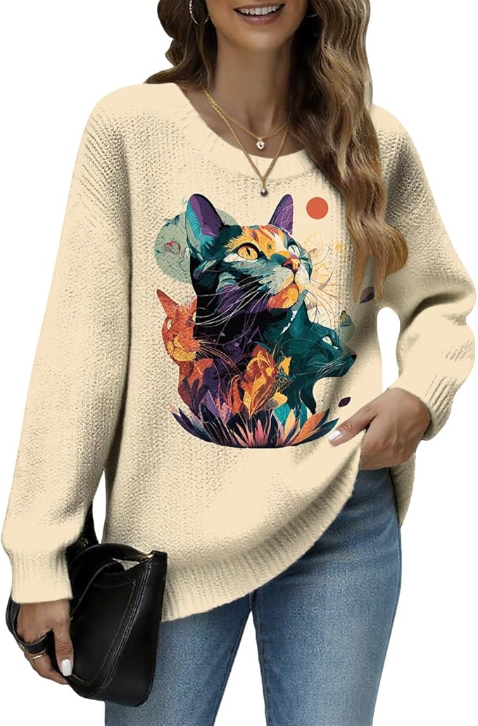Women's Cat Printed Sweater Oversized Cable Knit Long Sleeve Christmas Clothes Casual Autumn Winter Fashion Tops