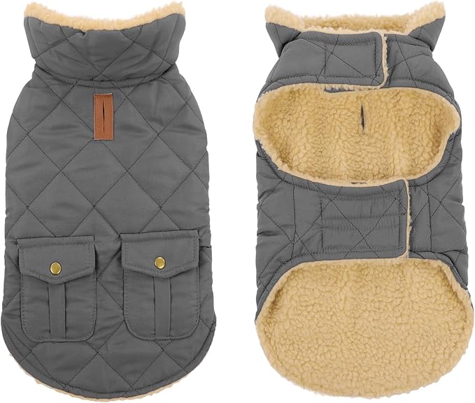 Dog Winter Coat for Small Dogs, Puppy Plaid Jacket, Pet Coat for Cold Weather, Windproof Warm Dog Jackets, Pet Thickened Outfits Indoor Outdoor, Grey XS