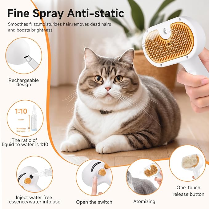 Pet Steam Brush for Dog & Cat - 3-in-1 Pet comb leave-in serum for Shedding & Hair Removal - Self Cleaning Spray Comb with Mist for Long Haired Pets - Includes 1*Waterless Shampoo, Yellow