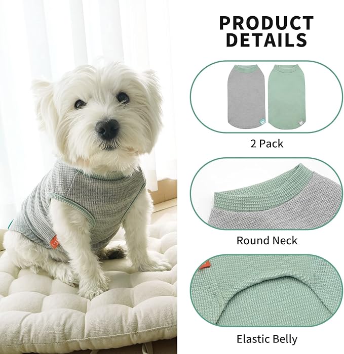 KYEESE 2Pack Dog Shirts Waffle for Small Dogs Stretchy Pet T-Shirts Lightweight Dog Tank Top Sleeveless Dogs Vest Breathable, Large, Green+Grey