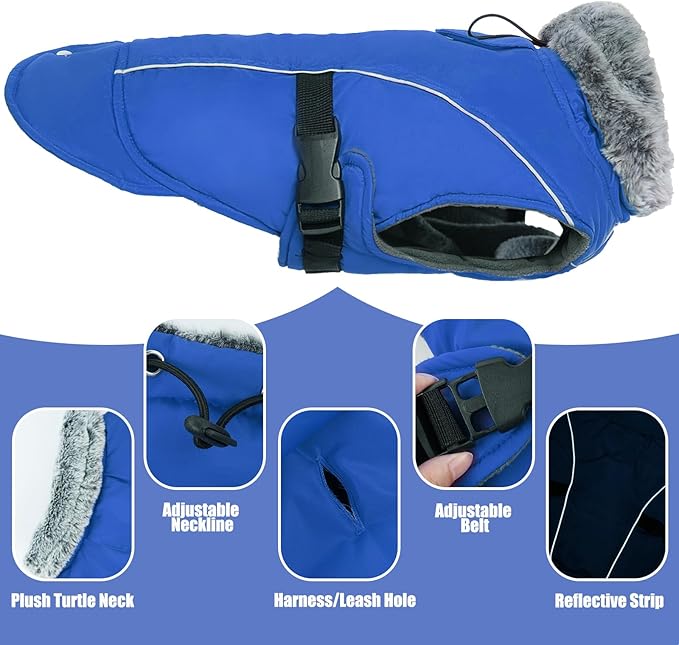 DENTRUN Dog Winter Coat - Windproof Reflective Jacket, Plush Turtleneck & Adjustable Belt, Water Repellent Fleece Lined Cold Weather Vest for Corgi Bulldog, Blue, L