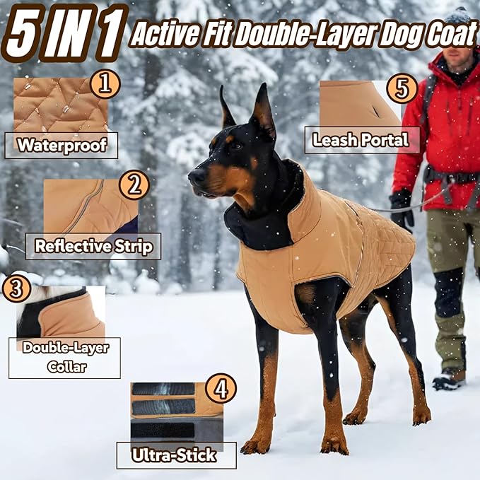 Outdoor Classic Quilted Active Fit Dog Winter Coat, Waterproof & Lightweight Coats for Large Dogs, 2-Layer High-Loft Jacket with Padded Insulation and Warmth Fleece, Pet Clothes for Girl Boy(Khaki, L)