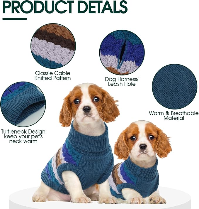 Kuoser Dog Sweater, Warm Dog Sweaters for Small Dogs Pet Christmas Clothing, Classic Cable Knitwear Cold Weather Thermal Pullover for Pug Dachshund Yorkie, Soft Puppy Turtleneck Sweatshirt, Blue S