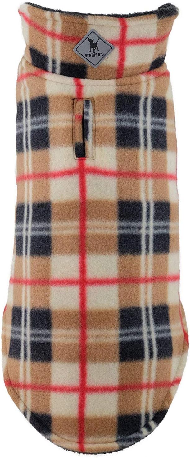 The Worthy Dog Fargo Fleece Plaid Dog Jacket, Adjustable Reversible with Harness Hole, Wind-Resistant, Winter Outdoor Clothes for Pets, Tan - 12''