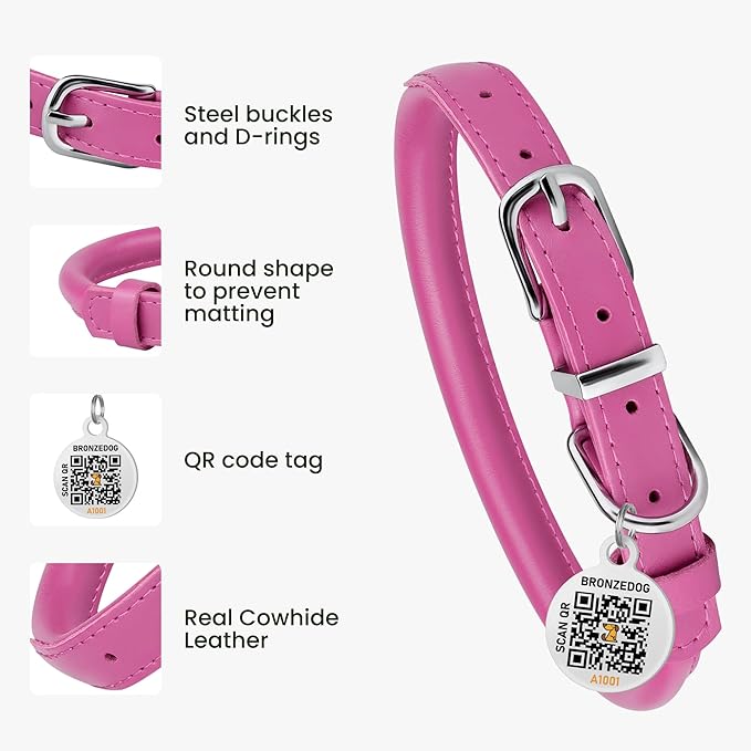 BRONZEDOG Rolled Leather Dog Collar for Small Medium Large Dogs with QR ID Tag (L: 16-18 Inch, Hot Pink)