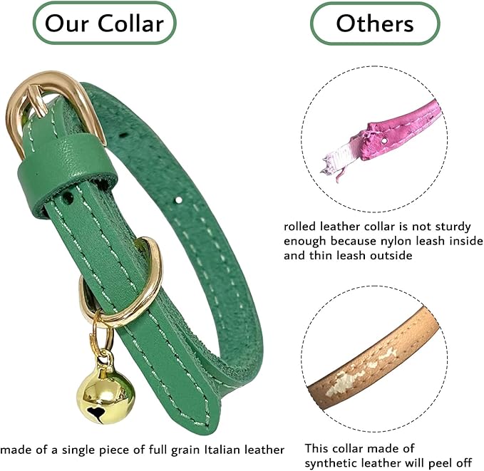 Guiding Star Leather Collar for Puppy, Cute Soft Thin Dogs Collars for Small Medium Dogs, Cat Collar with Bell (Green, XXS, 6.2"-10")