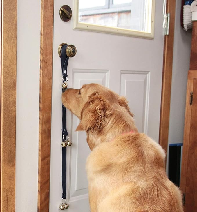 Leather Dog Doorbells for Door Knob/Potty Training/Go Outside, Length Adjustment Copper Dog Bell, Housetraining Hanging Bell, Black Leather Silver Bells - 2 Pack