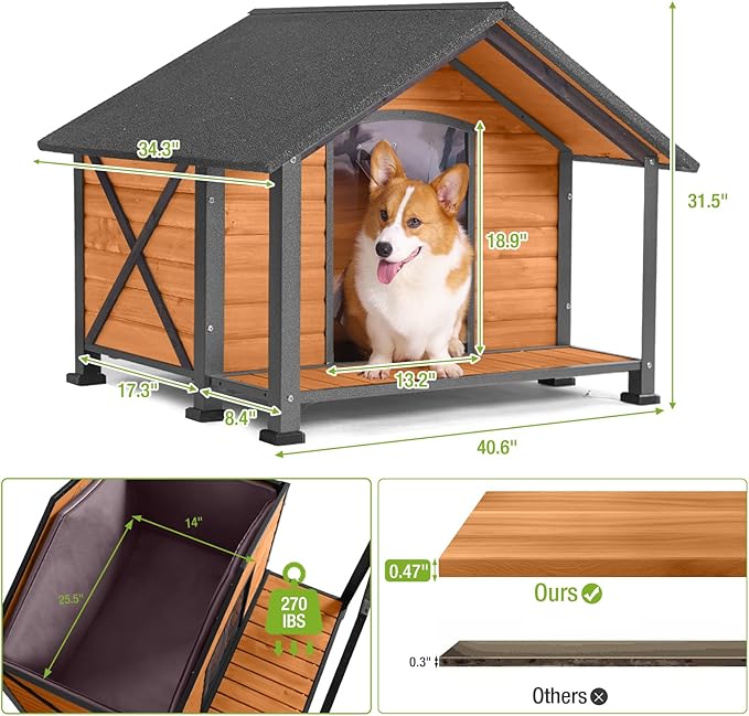 GUTINNEEN Heated Dog House for Outside Insulated Dog House Outdoor Weatherproof with Safe Heated Pad, Chew-Proof Metal Frame and Insulated Liner for Medium Dogs, 40.6" L x 34.3" W x 31.5" H