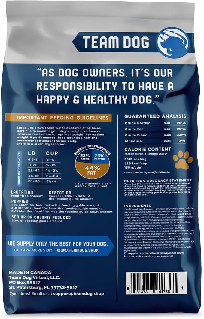 Team Dog Essential Blend Duck & Lamb Dog Food with Whole Oats | Sensitive Stomach Dog Food | Gluten Free, GMO Free, No Corn, Wheat or Soy | All Life Stage Formula (33 lb)