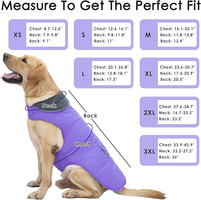 Dog Coat, Waterproof Dog Winter Jacket with Pocket, Reflective Adjustable Pet Snow Vest, Warm Cozy Fleece Sweater for Small Medium Extra Large Dogs - Light Purple, 2XL