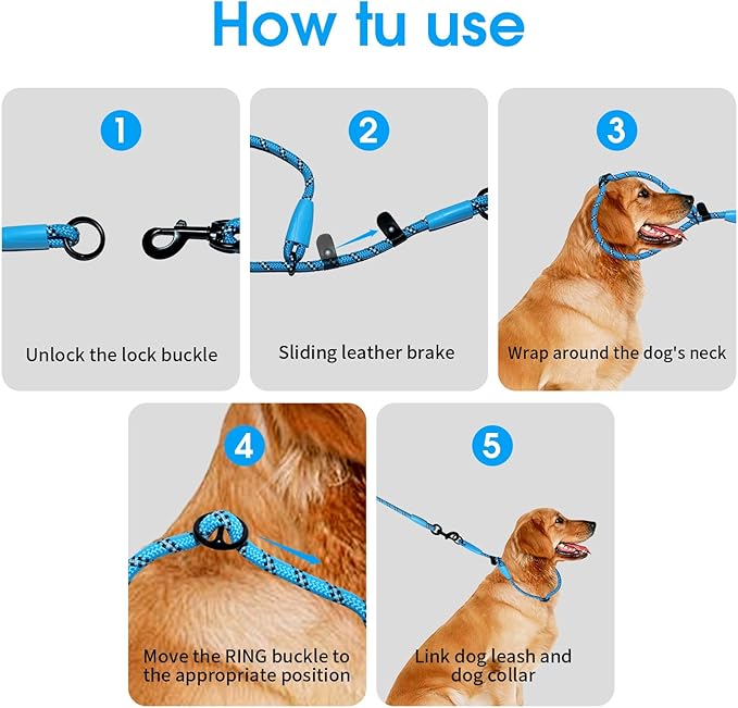 Detachable 2/5" Slip Lead, 4FT 6FT 8FT with Comfortable Silicone Handle Strong Rope Leash for Large Medium Small Dogs No Pull Highly Reflective Pet Training Leash (Blue-Black, 8FT)