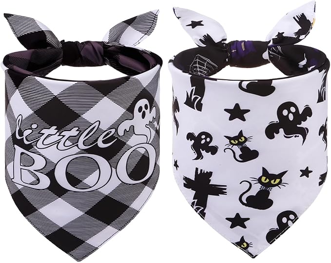 SCENEREAL Halloween Dog Bandanas 2 Pack, Puppy Fall Triangle Bibs Handkerchief Ghost Black Cat, Reversible Holiday Dog Bandana for Boy and Girl, Premium Pet Scarf for Small Medium Large Dogs L