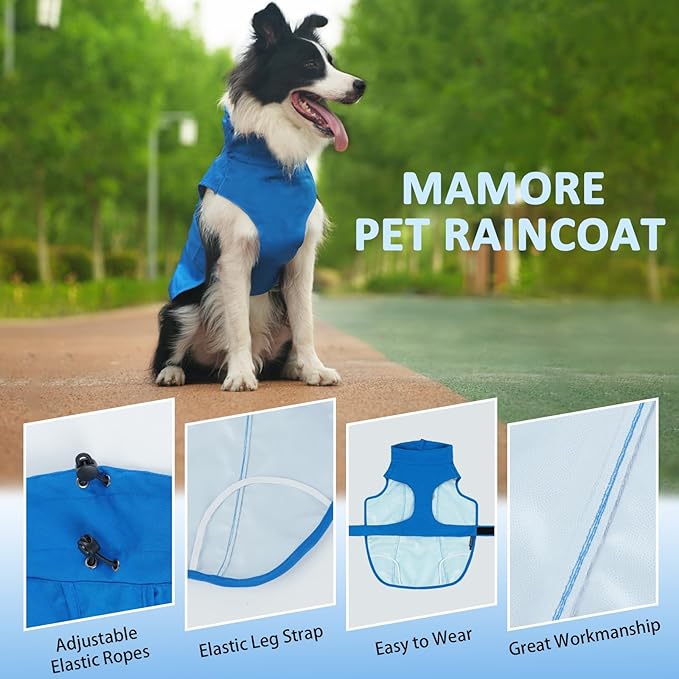 Waterproof Dog Raincoat, Adjustable Lightweight Dog Rain Jacket with Reflective Strip Leash Hole for Small Medium Large Dogs (Blue, 3X-Large(77-94lb))