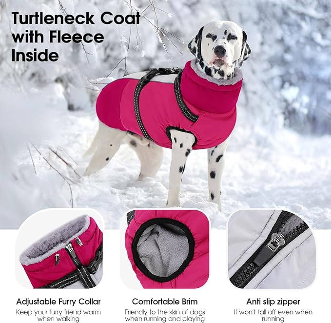 SUNFURA Dog Coat for Small Dogs, Warm Dog Winter Jacket with Harness Built in, Waterproof Pet Snow Jacket Fleece Cold Weather Coats for Puppy Chihuahua, Maltese, Hot Pink XS