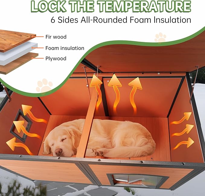 Extra Large Dog House Outdoor Weatherproof Dog Shelter Large Wooden Insulated Houses with Upgrade Anti-Chewing Iron Frame