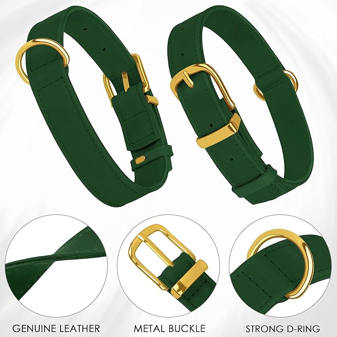 Leather Dog Collar - Heavy Duty Adjustable Soft Padded Pet Collars for Small Medium Large Dogs Breed - Black Green Brown Pink Red Blue (Green, XL, 19"-24" Neck Fit)